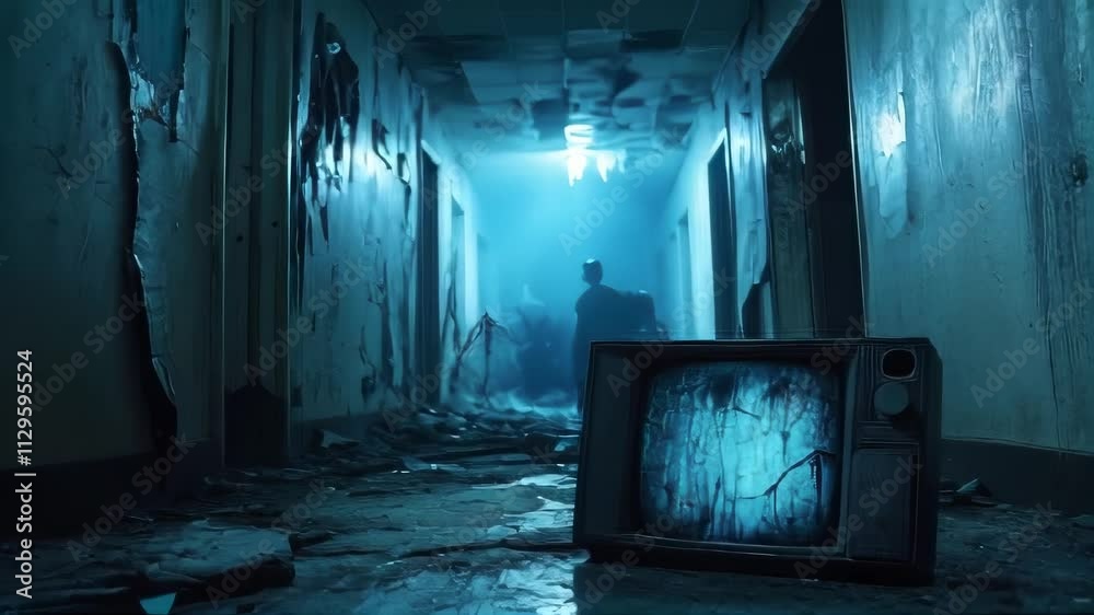 A shadowy figure walks down a decaying hospital hallway, a broken TV displaying static. Perfect for horror, suspense, and thriller projects.. AI Generation