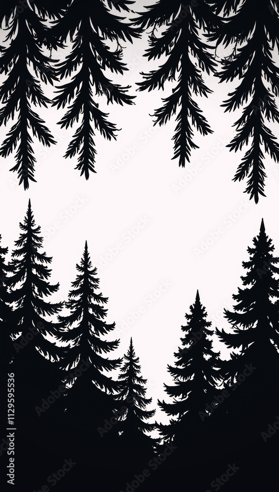 Obraz premium Woodland pine tree silhouettes against a white background featuring evergreens in vector illustrations with intricate details of firs and spruces