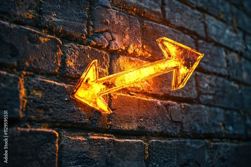 A glowing, orange double arrow sign on a textured brick wall, indicating direction or movement.