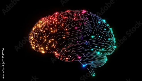 A vibrant, digital representation of a brain, featuring colorful circuit patterns symbolizing technology and intelligence.