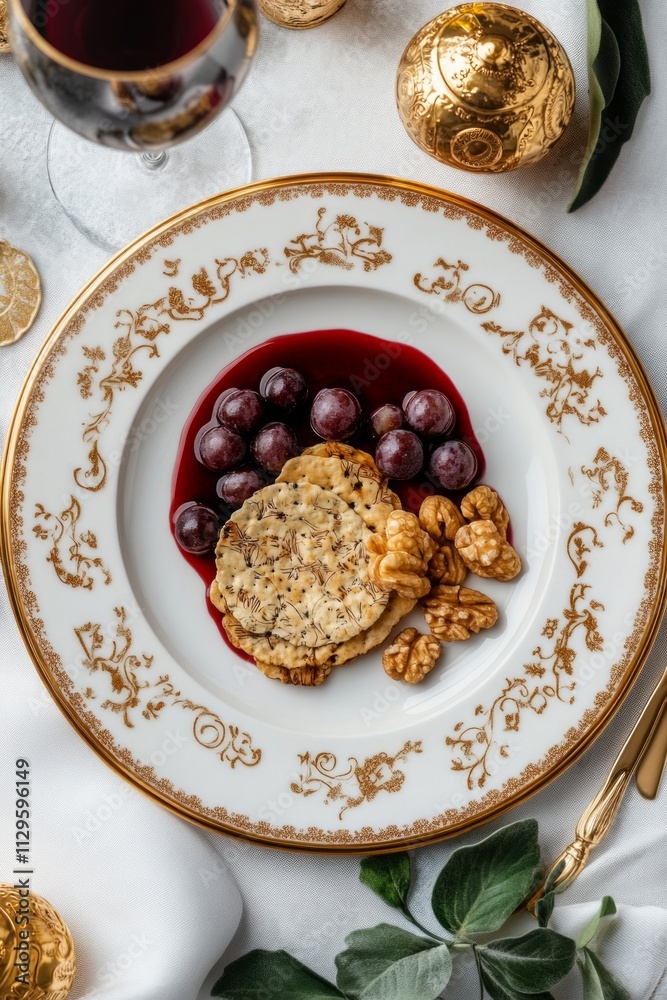 Grapes, walnuts, and a matzah cake arranged on a beautifully designed plate, complemented by a glass of wine, highlighting a traditional Passover celebration Grapes, walnuts, and a matzah cake arranged on a beautifully designed plate, complemented by a glass of wine, highlighting a traditional Passover celebration