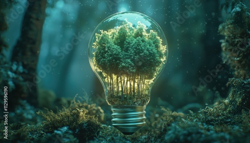 A glowing light bulb filled with lush greenery, symbolizing the harmony between nature and technology in a mystical forest setting.