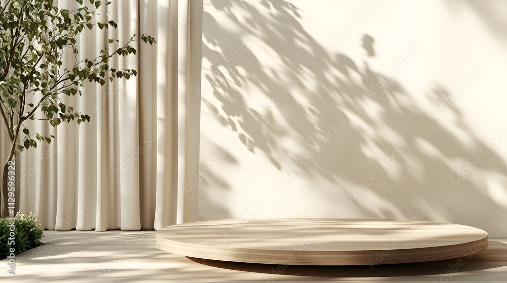 A podium for product presentation, with light wood and beige tones A podium for product presentation, with light wood and beige tones