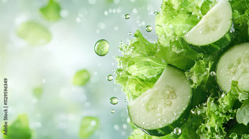 Obraz premium Fresh cucumber and lettuce with water droplets splashing, creating a refreshing green background