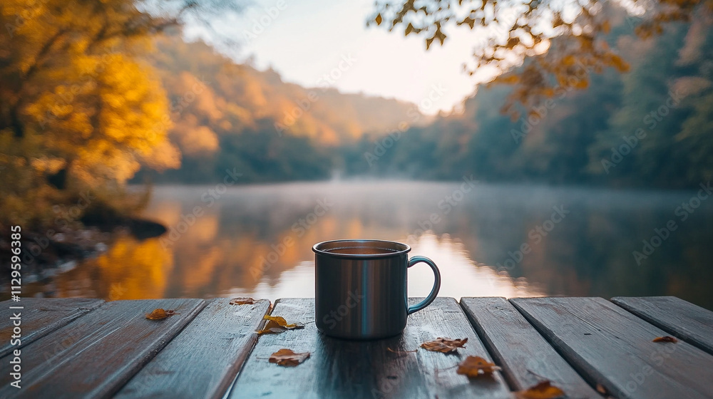 steaming metal mug filled with tea, resting on a rustic wooden table. The warm steam rises gently, evoking a sense of comfort, reflection, and simplicity in a serene atmosphere steaming metal mug filled with tea, resting on a rustic wooden table. The warm steam rises gently, evoking a sense of comfort, reflection, and simplicity in a serene atmosphere