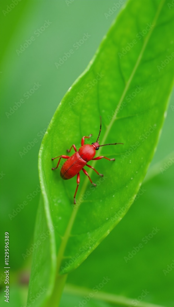A close-up illustration showcases a red bug perched atop a vibrant green leaf A close-up illustration showcases a red bug perched atop a vibrant green leaf