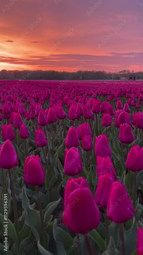 Magie pur: Ein Feld pinker Tulpen zum Sonnenuntergang nahe Vogelenzang (Gemeinde Bloemendaal, Nordholland).