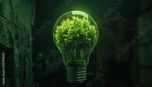 A glowing light bulb filled with vibrant greenery, symbolizing the fusion of nature and technology in a dark, moody setting.