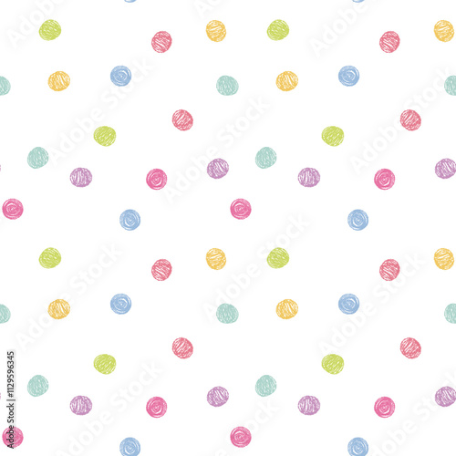 Child Drawing polka dot seamless pattern. Colorful Circles Spots dots on white background. Chalk Crayon Pencil drawn texture background. Pattern for Baby kids design