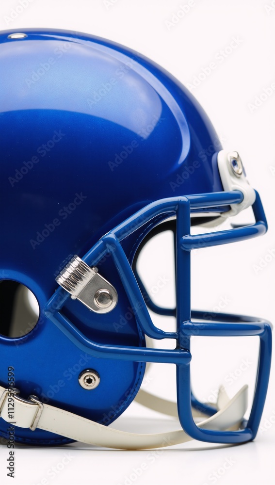 Fototapeta premium Close-up portrait featuring an isolated blue football helmet against a white background
