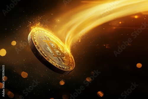 A glowing coin streaks through a dark background, symbolizing wealth, digital currency, or cryptocurrency advancements.