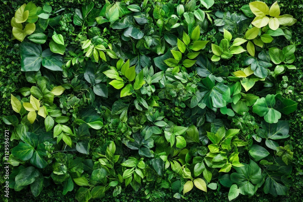 Lush Green Leafy Wall Background with Various Plant Species Lush Green Leafy Wall Background with Various Plant Species