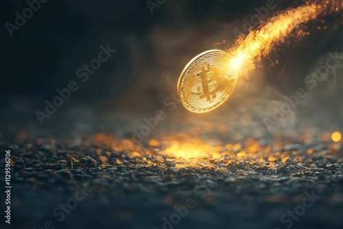 A glowing cryptocurrency coin descends toward a textured surface, leaving a trail of light, symbolizing digital finance and innovation.