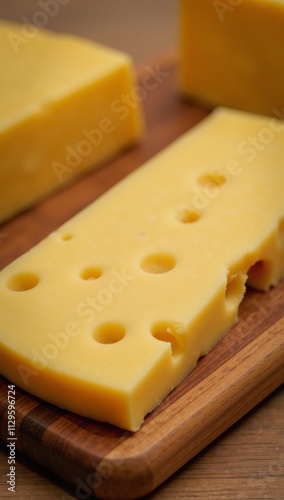 A gourmet snack showcases the classic Swiss cheese with distinctive holes on a rustic wood platter photo