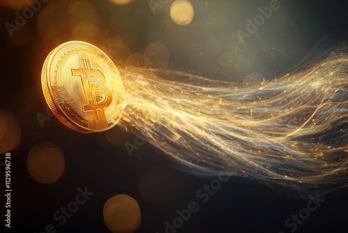 A glowing Bitcoin coin appears to be in motion, surrounded by a shimmering aura, symbolizing digital currency and innovation.