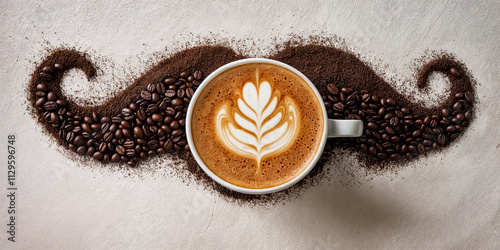 Coffee cup with latte art and coffee beans forming a mustache shape photo