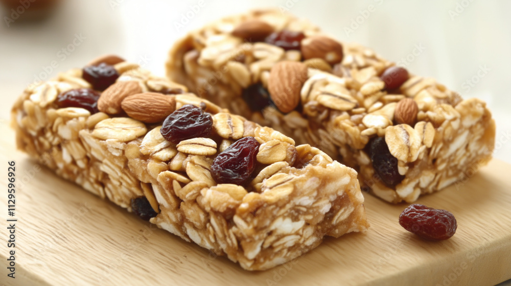 Homemade Granola Bars on Rustic Wooden Board Homemade Granola Bars on Rustic Wooden Board