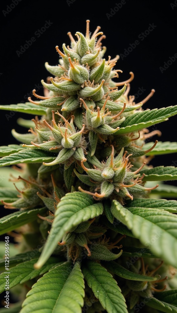 Close-up portrait of a cannabis plant showcasing visible THC and CBD crystals Close-up portrait of a cannabis plant showcasing visible THC and CBD crystals