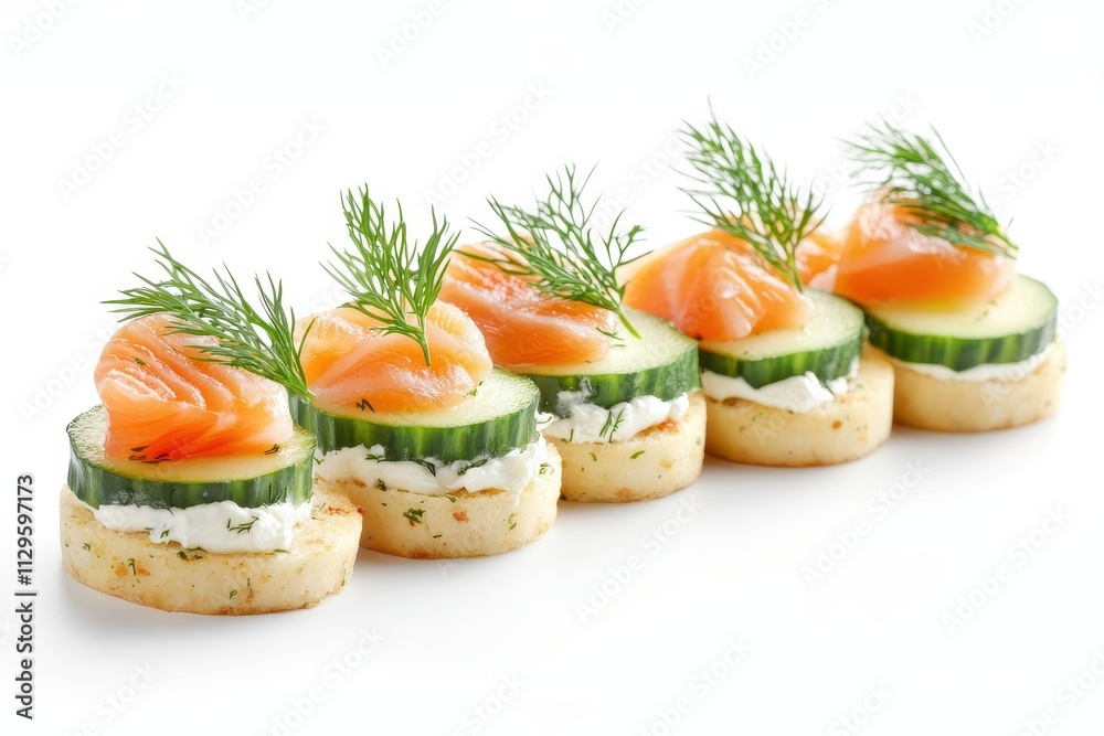 Delicious appetizers featuring salmon cucumber cream cheese and dill against a white background Delicious appetizers featuring salmon cucumber cream cheese and dill against a white background