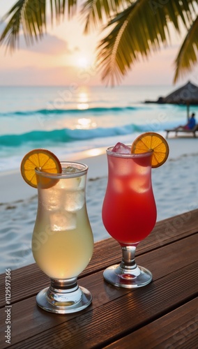 Tropical-themed cocktail scene two drinks served with oranges and ice on a wood counter against a backdrop of a beautiful turquoise ocean and sandy beach