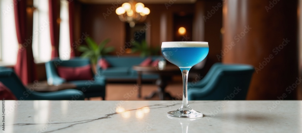 A luxurious setting with a glamorous blue cocktail glass on display A luxurious setting with a glamorous blue cocktail glass on display