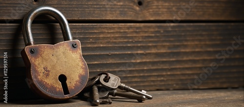 A weathered rustic backdrop with an antiquated lock and keys represents cybersecurity data protection and blockchain evoking the spirit of escape room mysteries photo