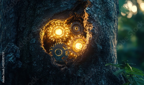 A mystical tree with glowing gears inside, blending nature and machinery, evokes a sense of wonder and enchantment.
