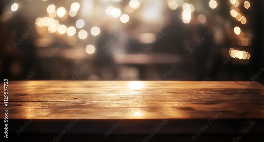Plateau de table en bois vide dans un bistrot avec un arrière-plan flou de personnes, la nuit. Style vintage et rétro. Maquette pour un concept de conception de présentation de produits. Plateau de table en bois vide dans un bistrot avec un arrière-plan flou de personnes, la nuit. Style vintage et rétro. Maquette pour un concept de conception de présentation de produits.