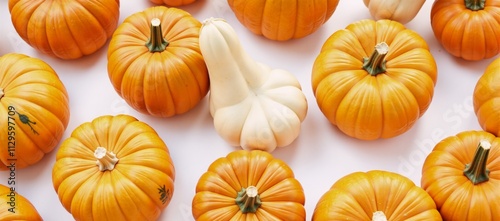 White-backdrop illustration showcasing an array of pumpkins with shades of orange yellow and green photo