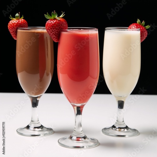 Wallpaper Mural Colorful milkshakes in three flavors chocolate strawberry vanilla served in glasses with fresh garnishes of strawberries Torontodigital.ca