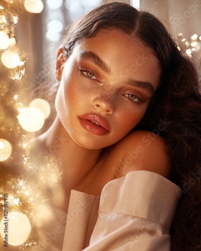 Beautiful young woman with glowing skin surrounded by soft lights during a festive season