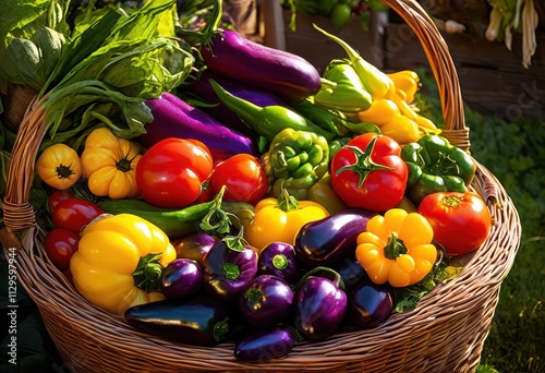 colorful display fresh vibrant vegetables arranged perfectly rustic farmers basket ideal market scenes farm stand illustrations, peppers, tomatoes