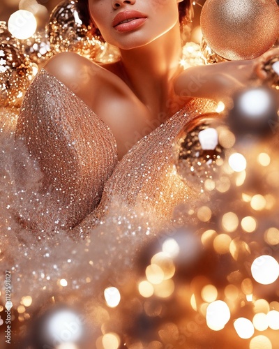 Elegant holiday celebration with shimmering decorations and a glamorous model surrounded by golden ornaments