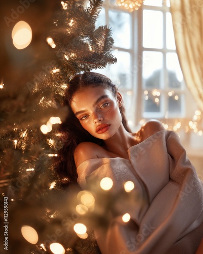 Young woman relaxes by a festive Christmas tree adorned with warm lights in a cozy indoor setting during winter