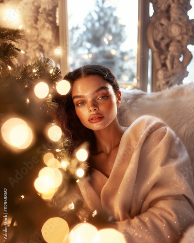 Model relaxes by a beautifully decorated Christmas tree with glowing lights during winter season