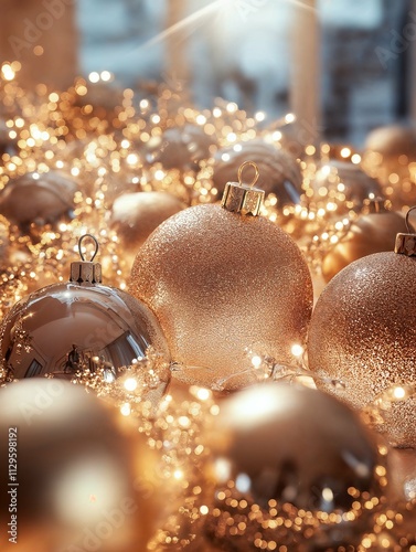 Shimmering gold and silver ornaments surrounded by twinkling lights during the festive season