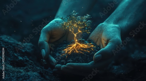 A pair of hands cradles a glowing tree, symbolizing growth, nature, and connection to the earth, set against a dark, serene background.