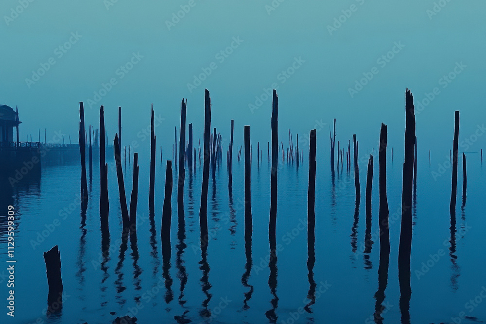 a serene minimalist water scene, highlight clear reflections on still water, with blue tones dominating the composition. a serene minimalist water scene, highlight clear reflections on still water, with blue tones dominating the composition.