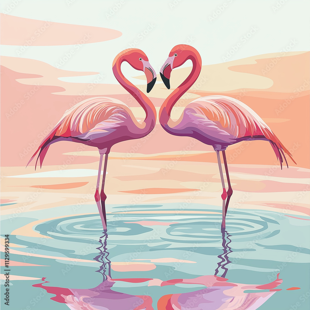 Obraz premium Stylized illustration of two flamingos dancing in love with reflections in calm water