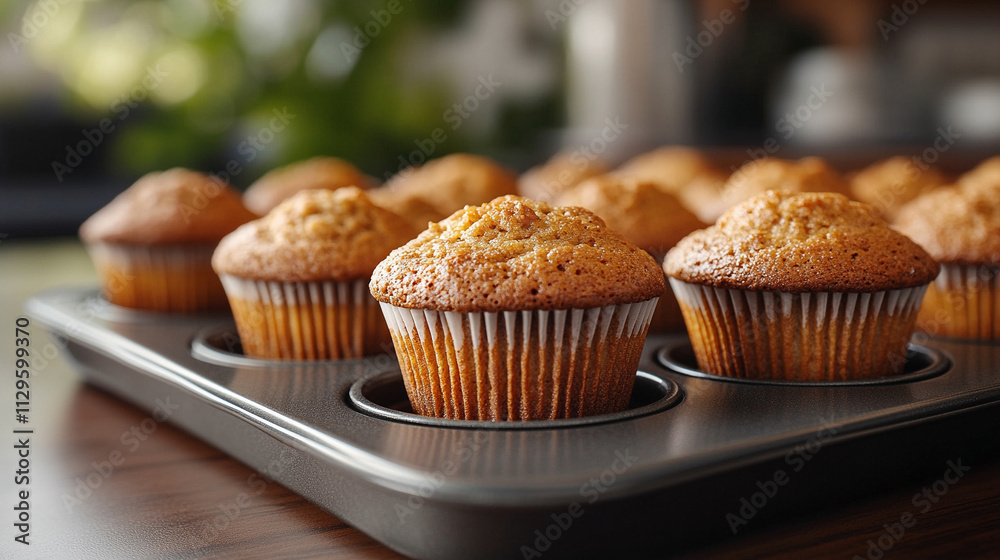 Freshly baked muffins resting in a muffin pan, showcasing their golden, inviting texture and soft appearance, symbolizing warmth, comfort, and the satisfaction of homemade goodness Freshly baked muffins resting in a muffin pan, showcasing their golden, inviting texture and soft appearance, symbolizing warmth, comfort, and the satisfaction of homemade goodness