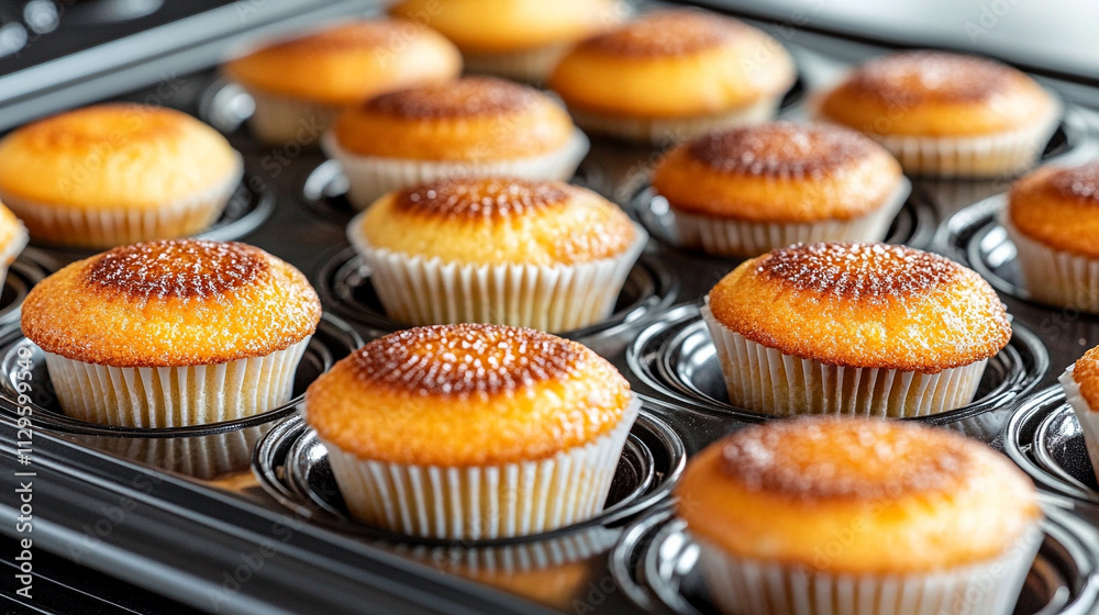 Freshly baked muffins resting in a muffin pan, showcasing their golden, inviting texture and soft appearance, symbolizing warmth, comfort, and the satisfaction of homemade goodness Freshly baked muffins resting in a muffin pan, showcasing their golden, inviting texture and soft appearance, symbolizing warmth, comfort, and the satisfaction of homemade goodness