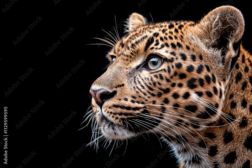 Fototapeta premium Leopard staring into the distance on black background