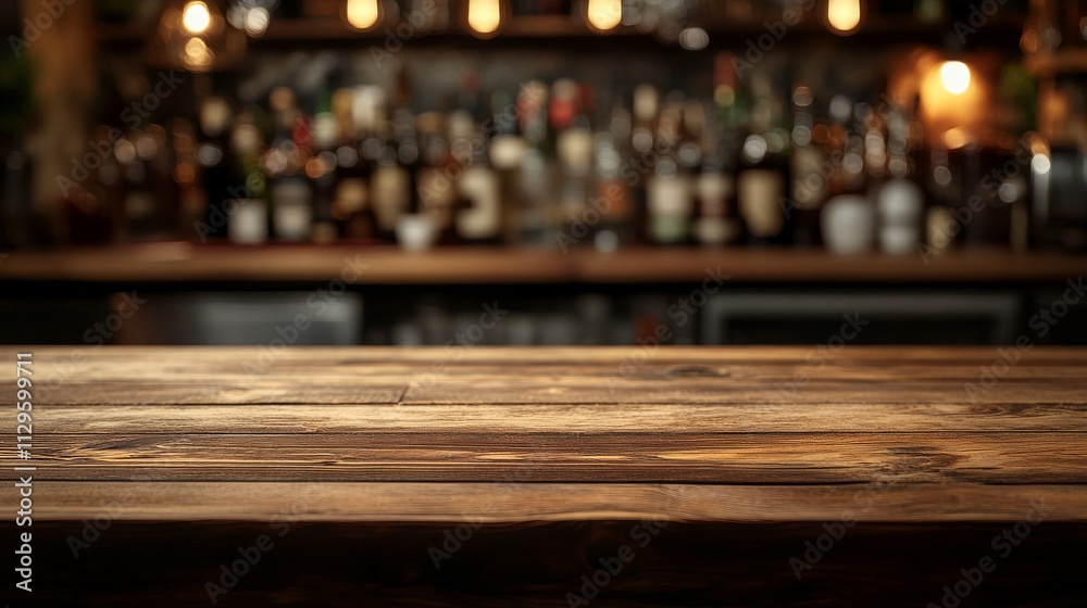 Rustic Wooden Table in Blurred Bar Setting. Rustic Wooden Table in Blurred Bar Setting.