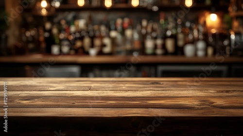 Rustic Wooden Table in Blurred Bar Setting.