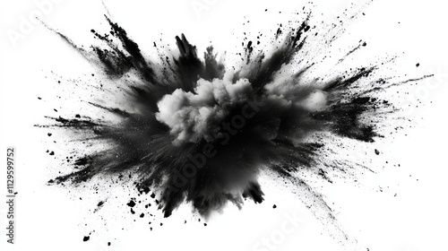 Black Powder Explosion on White Background.