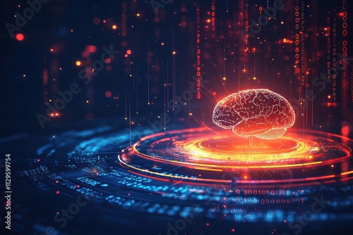 A glowing brain representation surrounded by digital elements, symbolizing artificial intelligence and advanced technology.