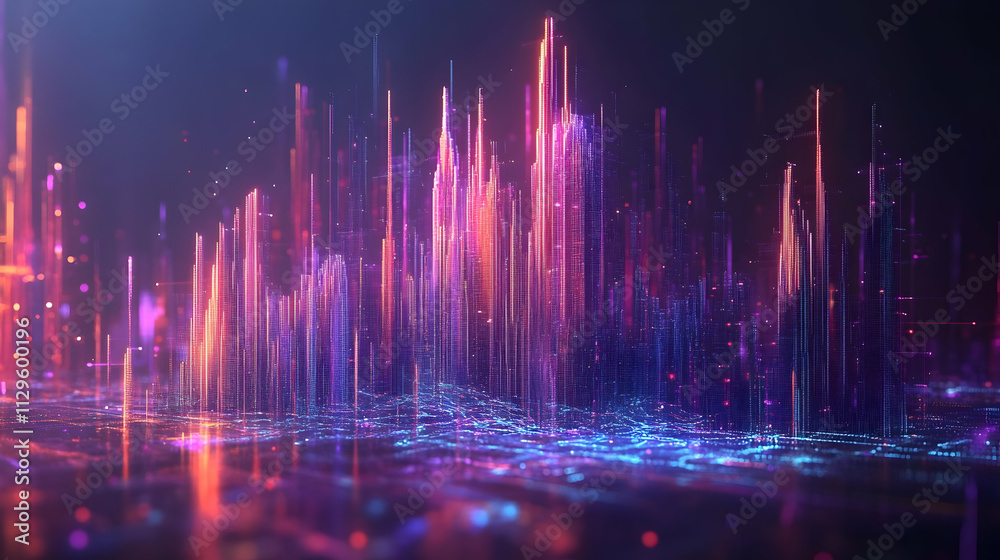 Abstract vibrant city skyline, glowing lines and particles. Abstract vibrant city skyline, glowing lines and particles.