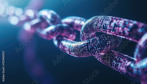 A close-up view of a digital chain link, highlighted with a vibrant purple hue, showcasing a futuristic and technological aesthetic.
