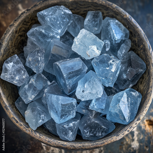 Celestite gemstones in a rustic bowl with soft blue tones photo