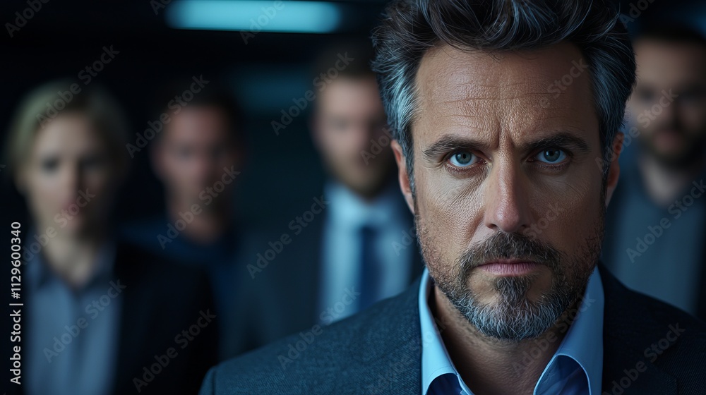 A serious man with slicked-back hair and a beard, surrounded by a group in formal attire, exuding intensity. A serious man with slicked-back hair and a beard, surrounded by a group in formal attire, exuding intensity.